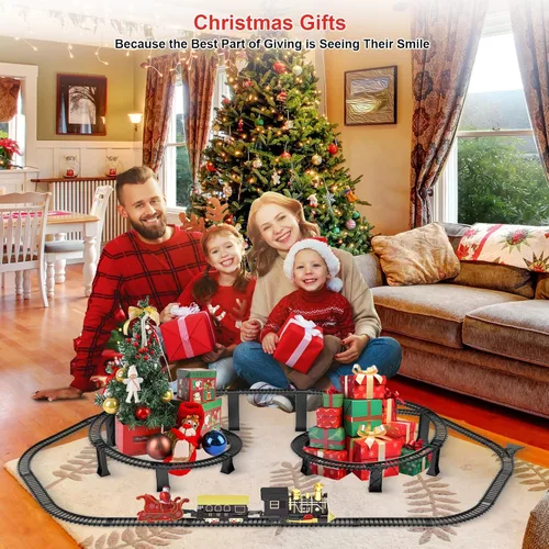 Vista 6 de Juego de tren eléctrico con pistas elevadas 3D, música, locomotora, vagones de pasajeros, luces y modo silencioso, tren de Navidad para niños