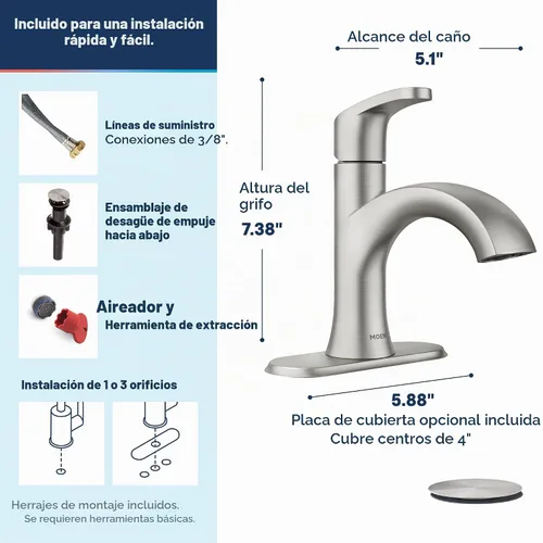Vista 3 de Moen 84346SRN Karis Spot Resist Grifo de Lavabo de Baño de Níquel Cepillado de un Solo Mango con Placa de Cubierta Opcional