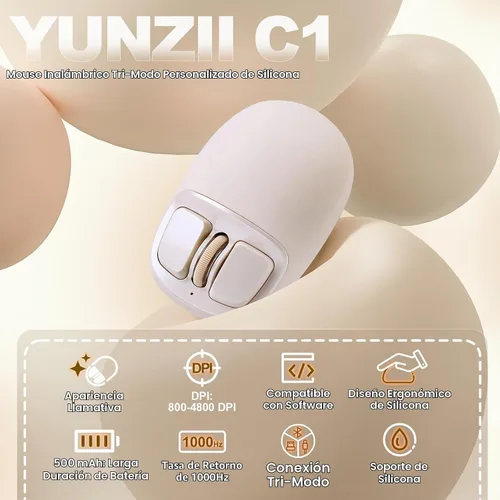 Vista 2 de YUNZll - Mouse inalámbrico de silicona C1, triple modo 2.4G/USB-C/Bluetooth, seguimiento óptico de 4800 DPl, 6 niveles de ajuste, mouse