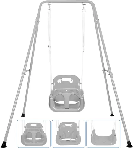 Vista 8 de Juego de columpios 3 en 1 para niños pequeños, juego de columpios para bebés con soporte plegable de metal para jugar al aire libre/interior, diseño