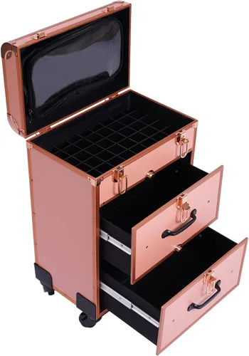 Vista 7 de Estuche de maquillaje profesional con ruedas, con cajones, carrito grande para cosméticos con cerraduras, organizador de almacenamiento