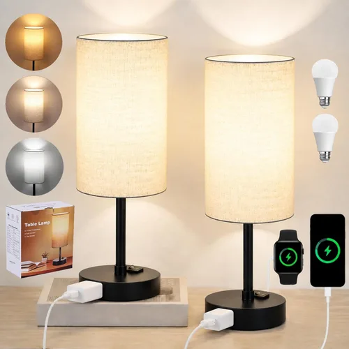 Vista 8 de ZJOJO - Lámparas de noche con puerto de CA, lámpara de mesa para dormitorio, 3 vías, regulable, lámpara de mesita de noche, juego de 2 con pantalla