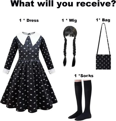 Vista 7 de Wednesday Addams - Vestido de disfraz para niñas, disfraz negro de la familia Addams, disfraz para niños, Halloween, terror, cosplay