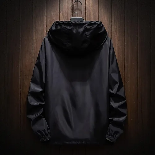 Vista 3 de Chaqueta impermeable ligera para hombre, rompevientos, informal, reflectante, con cremallera, con capucha, M-7XL