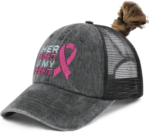 Vista 2 de Vinpress Sombrero de cola de caballo de cáncer de mama para mujer, gorra de béisbol con cinta bordada ajustable