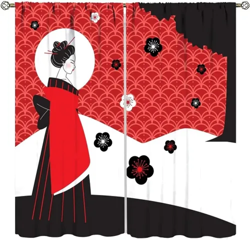 Vista 10 de Cortinas de estilo japonés, Kyoto Geisha Girls Asian Ink Painting - Cortinas de tela de poliéster con estampado de Japón antiguo para dormitorio