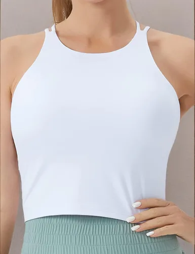 Vista 7 de THE GYM PEOPLE Sujetador deportivo con espalda cruzada para mujer, cuello halter, camiseta corta sin mangas con almohadillas extraíbles