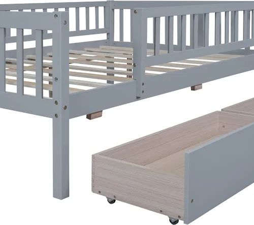 Vista 6 de Polibi Sofá cama de tamaño matrimonial, marcos de cama de día completo de madera con dos cajones y barandillas de seguridad para dormitorio, sala
