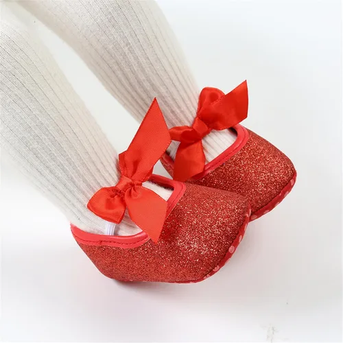 Vista 4 de Zapatos planos Mary Jane para bebé niña, con lazo brillante, vestido de princesa, zapatos de cuna antideslizantes para niños pequeños que caminan