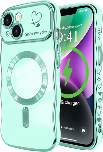 Vista 26 de LCHULLE - Funda magnética para iPhone 13 para mujeres y niñas, con forma ondulada, color azul bebé [Compatible with MagSafe] Cute Curly Wave, Love