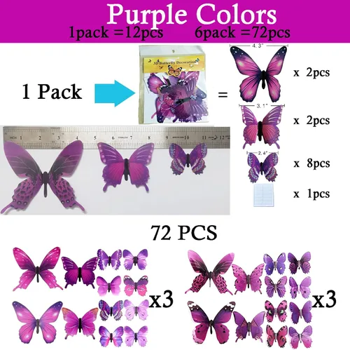 Vista 5 de Ewong 72 calcomanías de pared de mariposas 3D para decoración de pared, decoración removible para el hogar, dormitorio de niños, niñas, baño
