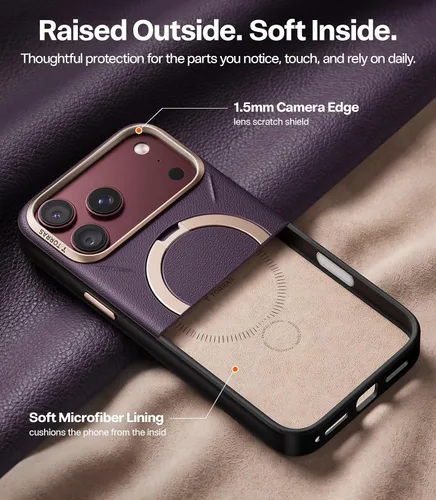 Vista 8 de TORRAS Funda de cuero para iPhone 18 Pro Max, soporte magnético 360, morado Morado borgoña.
