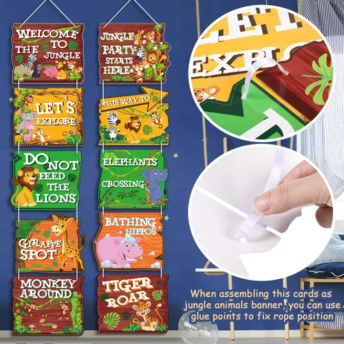 Vista 6 de Blulu 10 carteles de fiesta de animales de la selva, animales salvajes, letrero de bienvenida para puerta de zoológico, fiesta temática, fiesta