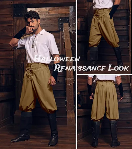 Vista 2 de Gafeng Pantalones piratas medievales para hombre, disfraz de caballero vikingo renacentista, con cordones, pantalones cortos LARP para Halloween