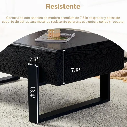 Vista 4 de Mesa de Centro Rectangular de 47.24", Mesa de Centro de Madera con Tablero de 7.8" de Grosor, Patas de Metal, Esquinas Redondeadas para Sala