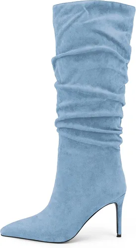 Vista 41 de Zamikoo Botas holgadas de tacón alto para mujer, botas de tacón de aguja altas hasta la rodilla, puntera puntiaguda, elásticas, botas altas de meter