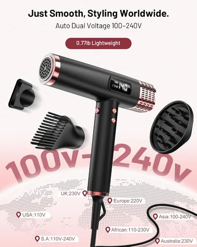 Vista 2 de Secador de pelo iónico de doble voltaje con difusor – Secador de pelo de Negro satinado