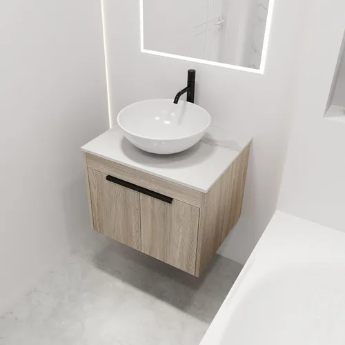 Vista 4 de Armario de tocador de baño de 24 pulgadas, tocador de baño flotante con lavabo de cerámica, moderno juego de tocador de baño colgante de roble