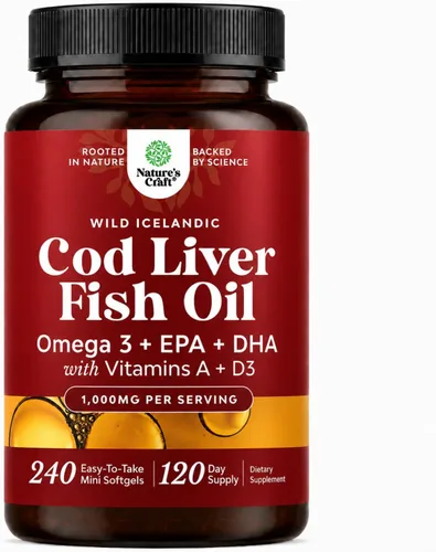 Vista 10 de Aceite de hígado de bacalao salvaje de Islandia en cápsulas blandas - Omega 3 de pescado, EPA, DHA, Vitamina D y A, 1000mg por porción - Cápsulas