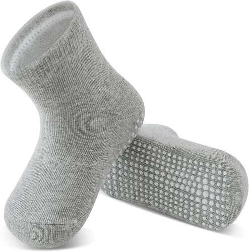 Vista 5 de Tenpluszero Calcetines de algodón antideslizantes para niños pequeños, calcetines de algodón con agarres para bebés, niños y niñas