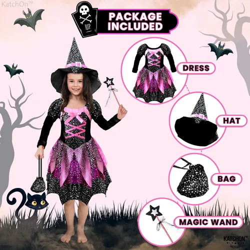 Vista 5 de Katchon, Black and Purple Witch Costume for Girls - Halloween Costumes for Kids Girls Witch Costume for Halloween Cosplay