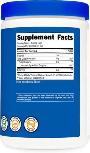 Vista 5 de Nutricost D-ribosa en polvo de 17.64 oz, 5000 mg por porción, sin OMG (17.64 oz)