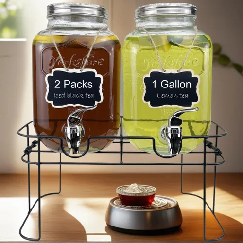 Vista 3 de Despachador de bebidas de vidrio de 1 galón para fiestas, paquete de 2, dispensador de jugo, limonada, té helado y agua con soporte, dispensadores