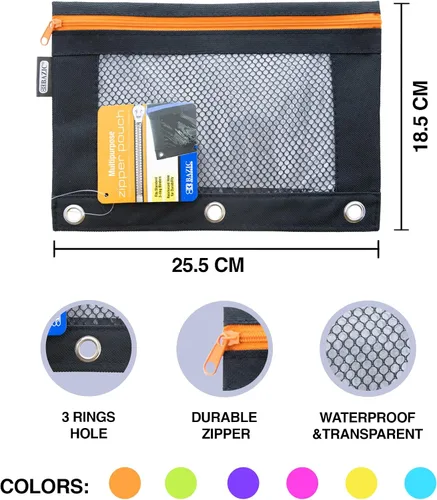 Vista 2 de BAZIC Products Noir Neon - Estuche para lápices de 3 anillos con ventana de malla, construcción duradera, para carpetas escolares, caja de 24