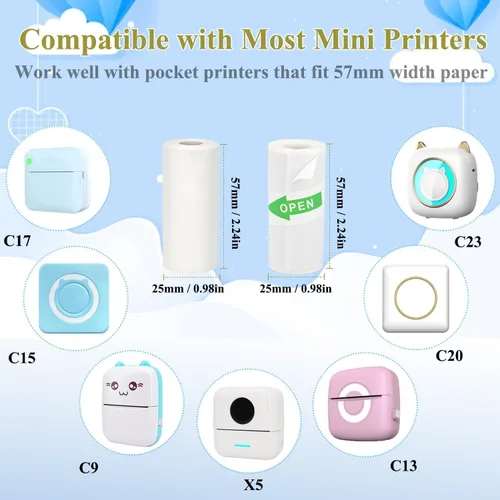 Vista 6 de 10 mini papel de impresora, 2.244 x 0.984 in, 5 rollos de papel térmico autoadhesivo imprimible y 5 rollos de papel de impresión blanco