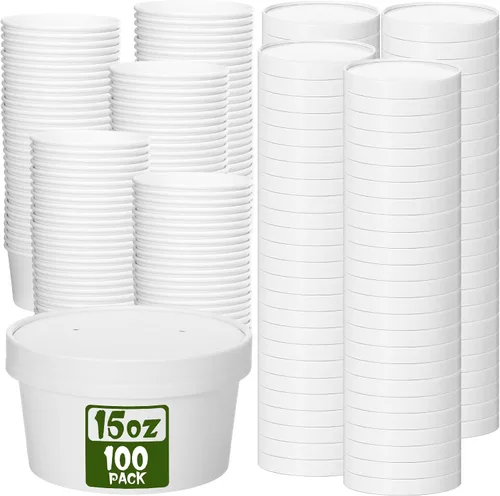 Vista 19 de Fulmoon Paquete de 100 recipientes de papel para sopa con tapas, recipientes de papel desechables para alimentos con tapa ventilada, tazas de postre