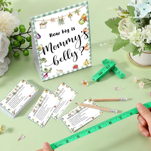 Vista 79 de Sabary 64 Piezas Juegos de Baby Shower Incluyen Letrero How Big is Mommy's Belly Sign Measure Bump Game 50 Tarjetas 10 Lápices 3 Cintas Métricas