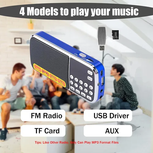 Vista 2 de Leting Radios AM portátil con altavoz MP3, soporte de radio portátil, tarjeta TF/USB, radio FM con batería recargable, mini radio con la mejor Azul
