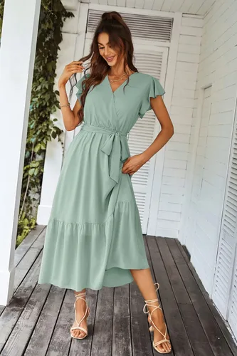 Vista 4 de PRETTYGARDEN - Vestido floral de verano para mujer, cruzado, con cuello en V, manga corta, con cinturón, dobladillo con volantes, acampanado