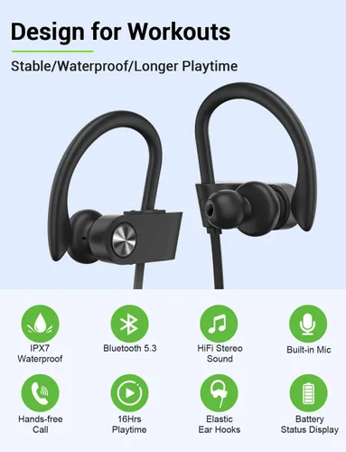Vista 2 de Auriculares Bluetooth Stiive, audífonos deportivos inalámbricos 5.3 IPX7 impermeables con micrófono, auriculares estéreo a prueba de sudor