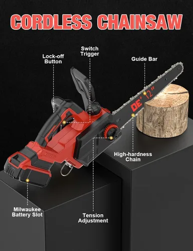 Vista 9 de Motosierra eléctrica sin escobillas de 12 pulgadas, inalámbrica, para batería Dewalt de 20 V, motosierra compacta con corte potente de 44.3 pies/S