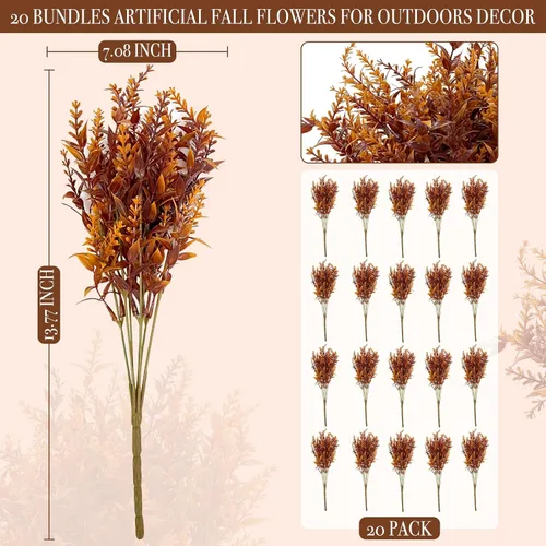 Vista 2 de TURNMEON 20 paquetes de flores artificiales de otoño para exteriores, decoraciones de otoño, resistentes a los rayos UV, lavanda artificial
