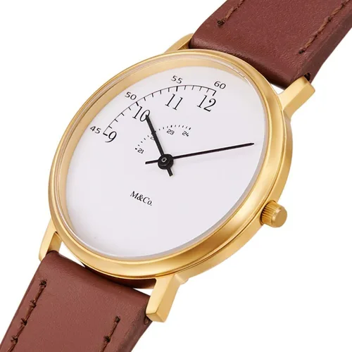 Vista 3 de Projects 7408 - Reloj unisex con correa de cuero marrón y esfera blanca