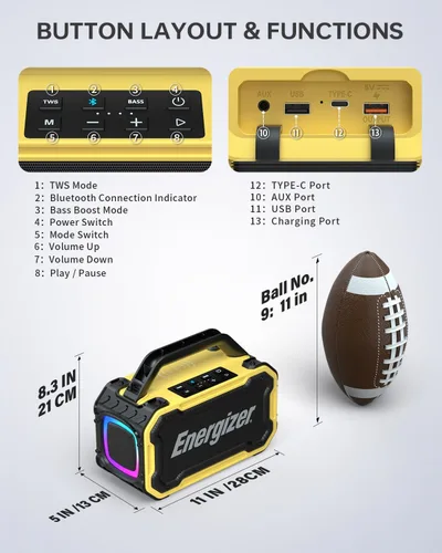 Vista 11 de Energizer Altavoces Bluetooth al aire libre, altavoz inalámbrico portátil Amarillo