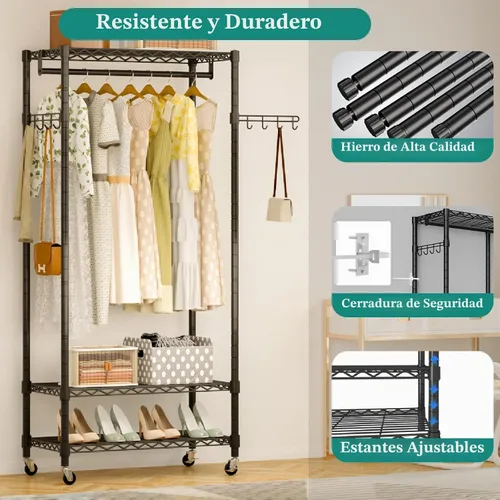 Vista 2 de Perchero Rodante de Servicio Pesado para Ropa, 3 Niveles de Estantes de Alambre Ajustable Independiente Portátil Perchero Rodante para Ropa
