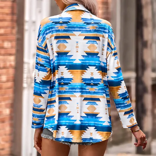 Vista 5 de Trendy Button Down Shirt Women Colorful Pattern Print Long Sleeve Collared Tops Fall Loose Casual Blouses with Pocket