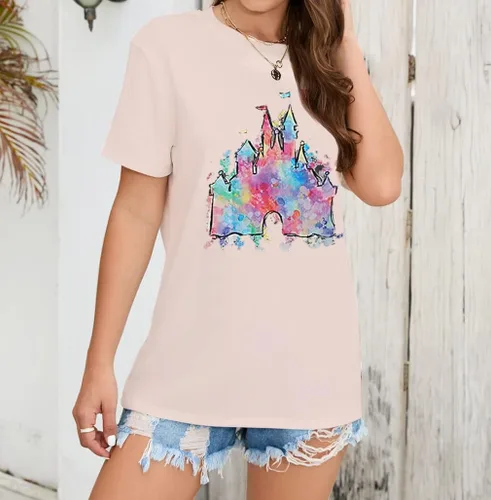 Vista 4 de Camiseta mágica para mujer, camiseta de reino mágico con estampado de castillo, camiseta familiar de manga corta, tops casuales de verano