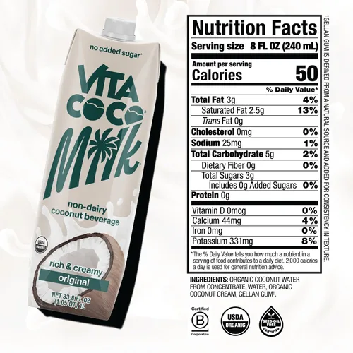 Vista 2 de Vita Coco Leche de coco orgánica original, a base de plantas, alternativa a la leche sin lácteos, sin gluten, sin soja y sin azúcar, complemento