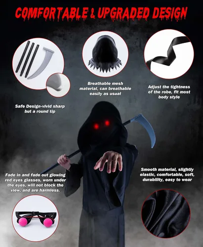 Vista 5 de Disfraz de parca de 4 tamaños para niños y adultos con ojos rojos brillantes y cosplay de guadaña disfraz de Halloween aterrador de la muerte