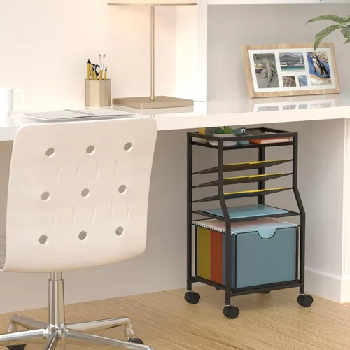 Vista 7 de BOHDK Carrito de archivos rodante, organizador de archivos de escritorio de 6 niveles con ruedas con cerradura, tablones de madera negra y cajón