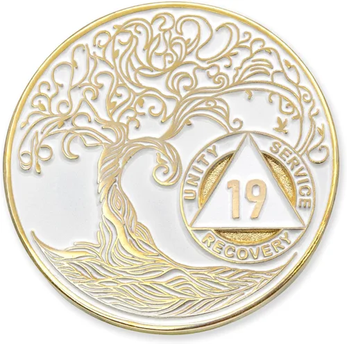 Vista 132 de 1 año Sobriety Mint Twisted Tree of Life Medallón de recuperación AA chapado en oro, chip/ficha - negro