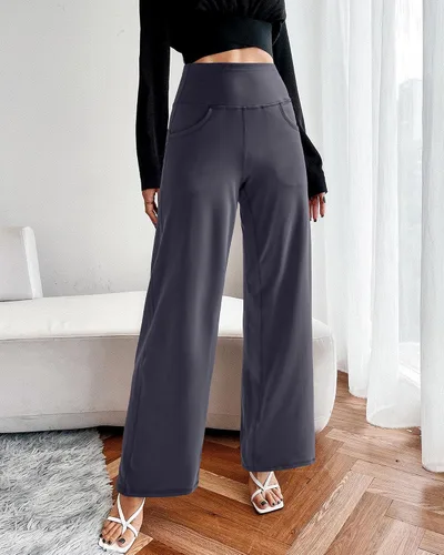 Vista 2 de Promover Pantalones deportivos de yoga de pierna ancha para mujer, con bolsillos, elásticos, holgados, informales, para descansar, tallas petite
