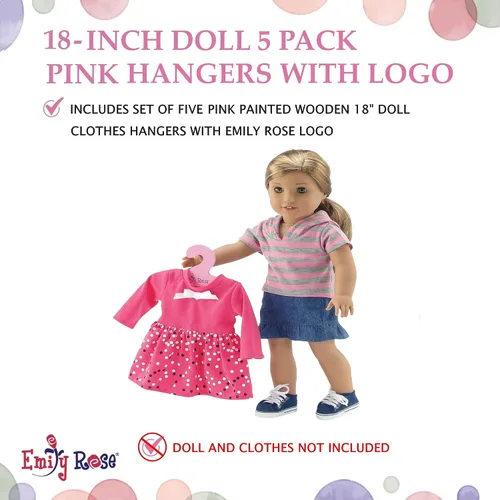 Vista 5 de Emily Rose Paquete de 5 perchas de madera rosa para muñecas de 18 pulgadas para armarios, armarios, armarios, muebles, se adapta a ropa de muñecas