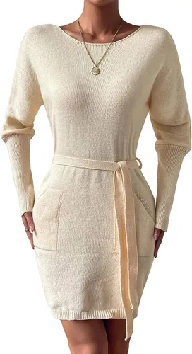 Vista 4 de Verdusa Vestido de manga larga con cuello barco y cinturón para mujer con bolsillo
