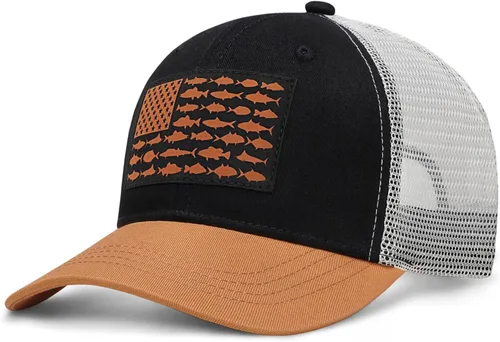 Vista 25 de Sombrero de camionero con bandera de pez estadounidense, regalos de pesca para hombres, sombrero de pesca Snapback perfecto para pesca y uso diario