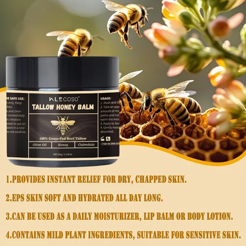 Vista 7 de Sarga de ternera para la piel – Sarga de res para la cara – Hidratante facial – Bálsamo hidratante con miel cruda y cera de abejas – Sarga de res